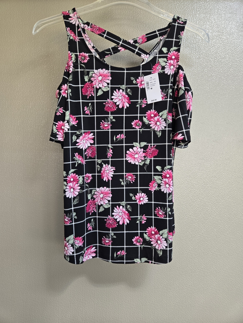 Ricki's Black Grid Cold-Shoulder Tank with Pink Floral Print